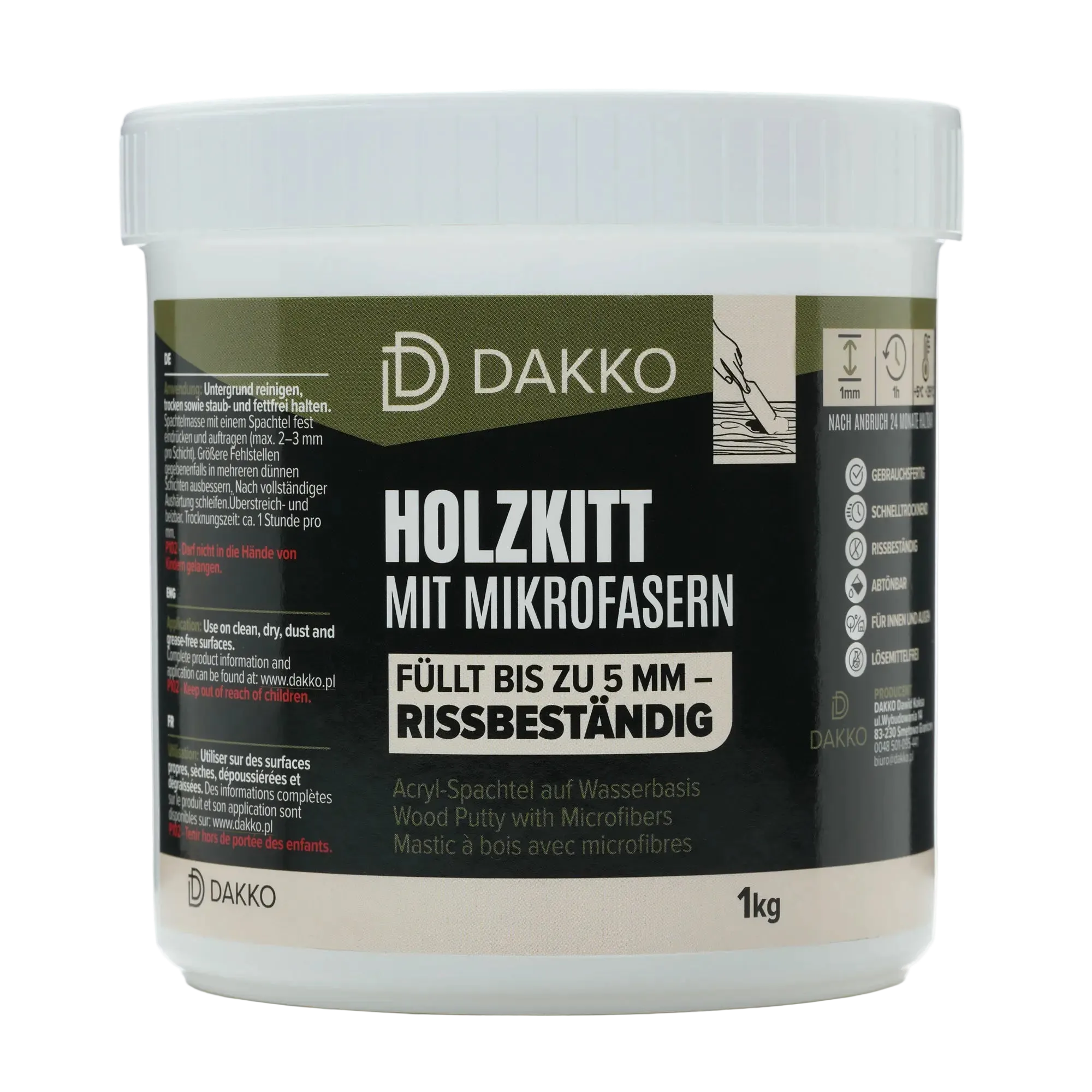 DAKKO Holzkitt 1 kg Holzspachtelmasse mit Bambusfasern - Füllmasse zur Reparatur von Schäden für Möbel Türen und Risse Innen und Außen schnelltrocknend rissbeständig