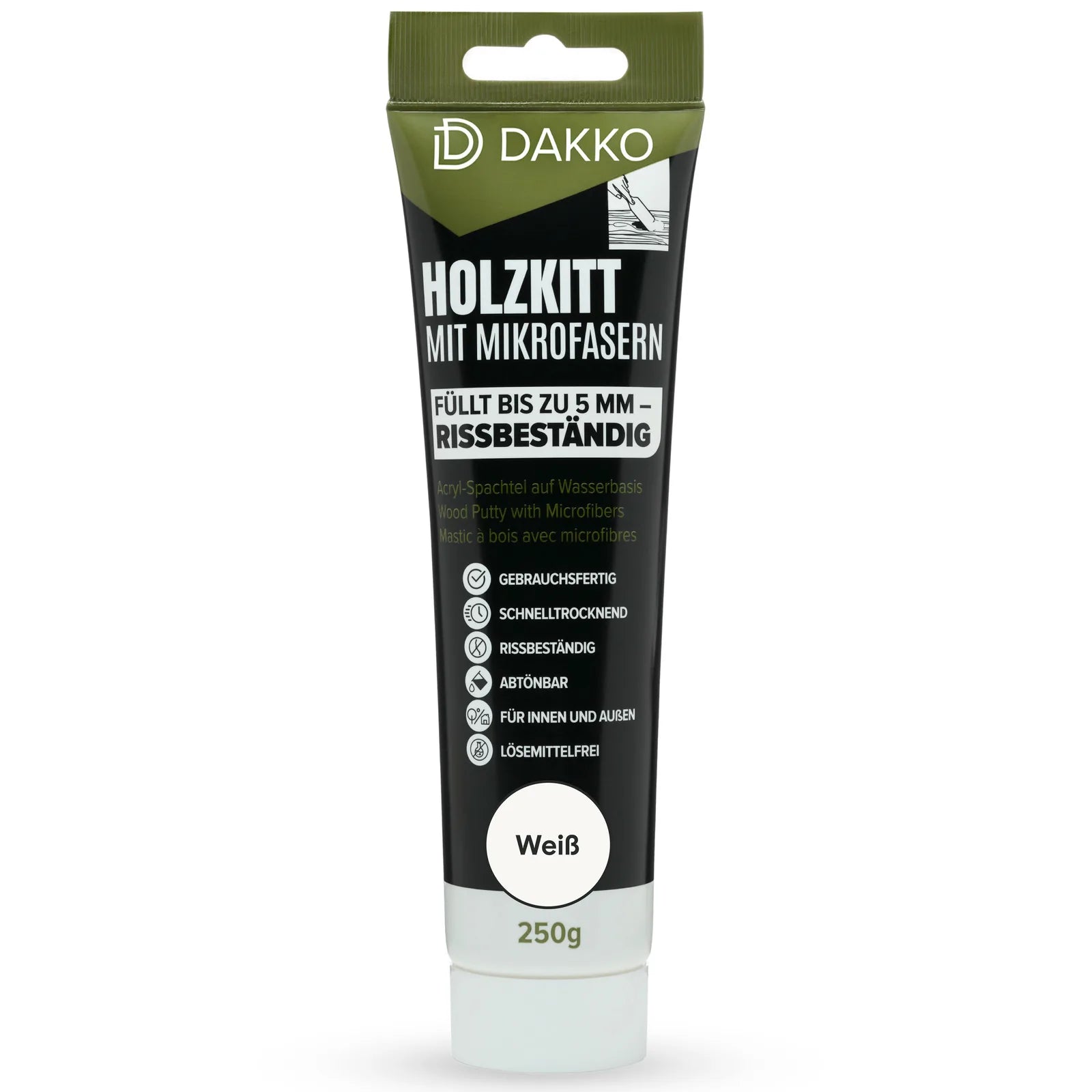 DAKKO Holzkitt Tube 250 g Holzspachtelmasse mit Bambusfasern - Füllmasse zur Reparatur von Schäden für Möbel Türen und Risse Innen und Außen schnelltrocknend rissbeständig