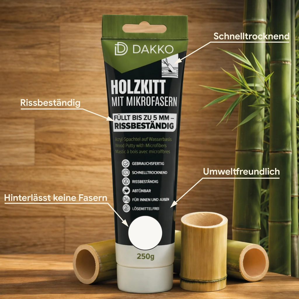 DAKKO Holzkitt Tube 250 g Holzspachtelmasse mit Bambusfasern - Füllmasse zur Reparatur von Schäden für Möbel Türen und Risse Innen und Außen schnelltrocknend rissbeständig