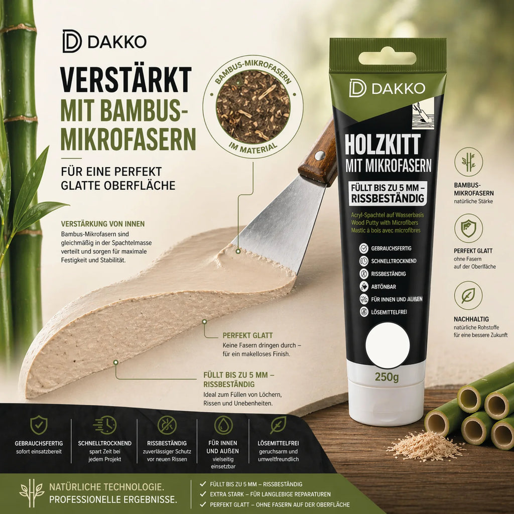 DAKKO Holzkitt Tube 250 g Holzspachtelmasse mit Bambusfasern - Füllmasse zur Reparatur von Schäden für Möbel Türen und Risse Innen und Außen schnelltrocknend rissbeständig