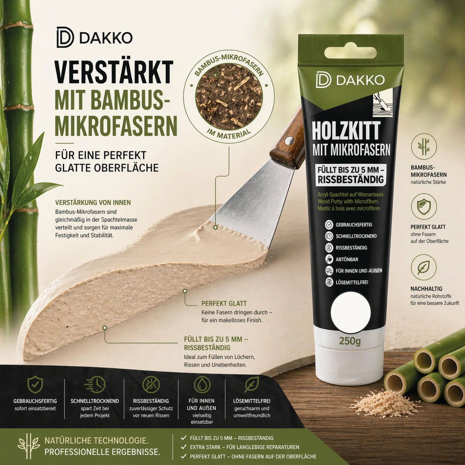DAKKO Holzkitt Tube 250 g Holzspachtelmasse mit Bambusfasern - Füllmasse zur Reparatur von Schäden für Möbel Türen und Risse Innen und Außen schnelltrocknend rissbeständig