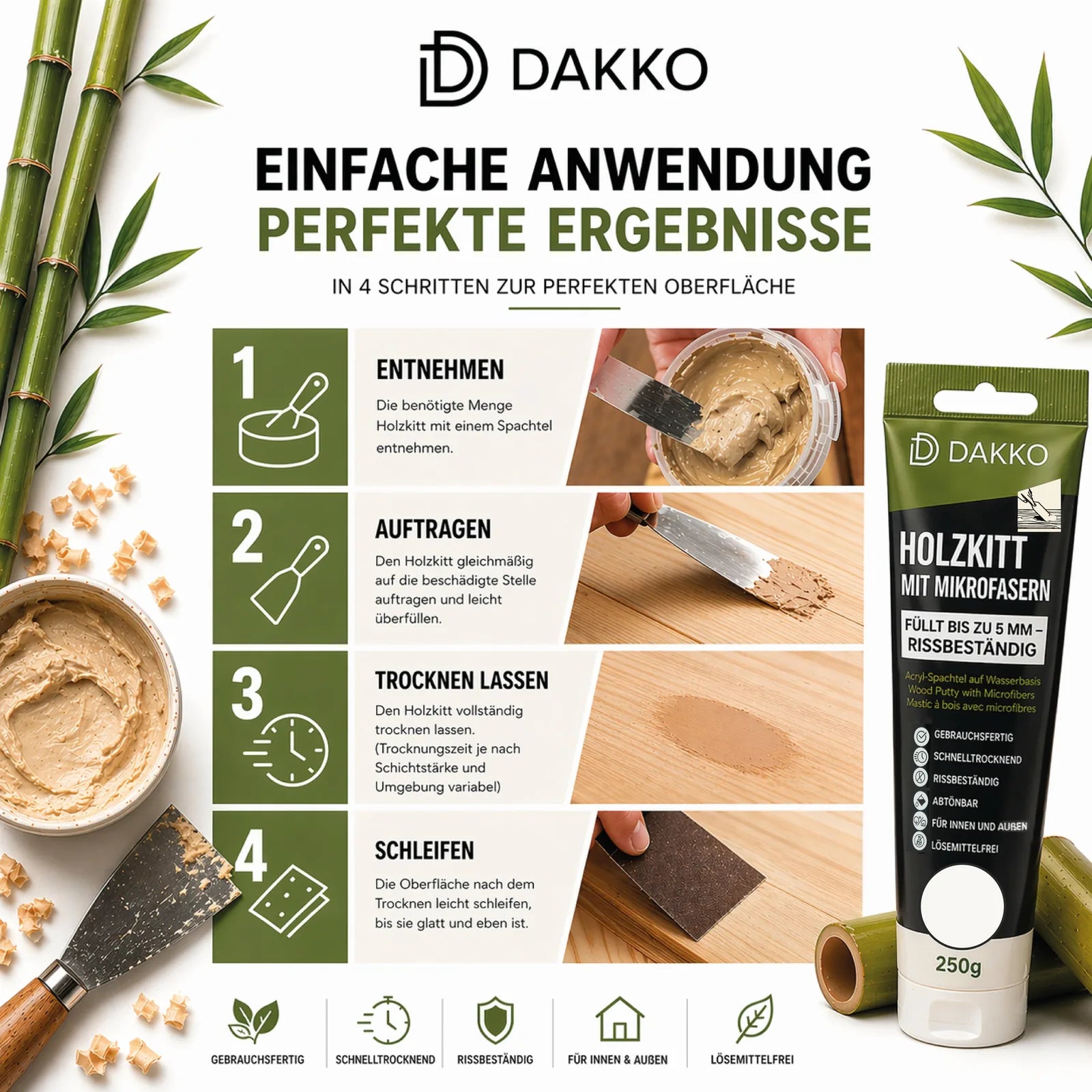 DAKKO Holzkitt Tube 250 g Holzspachtelmasse mit Bambusfasern - Füllmasse zur Reparatur von Schäden für Möbel Türen und Risse Innen und Außen schnelltrocknend rissbeständig
