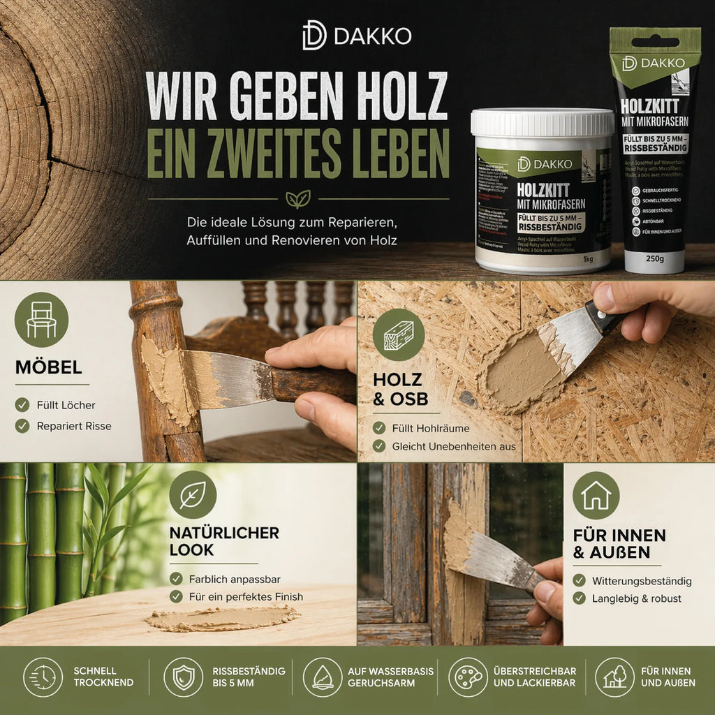 DAKKO Holzkitt Tube 250 g Holzspachtelmasse mit Bambusfasern - Füllmasse zur Reparatur von Schäden für Möbel Türen und Risse Innen und Außen schnelltrocknend rissbeständig