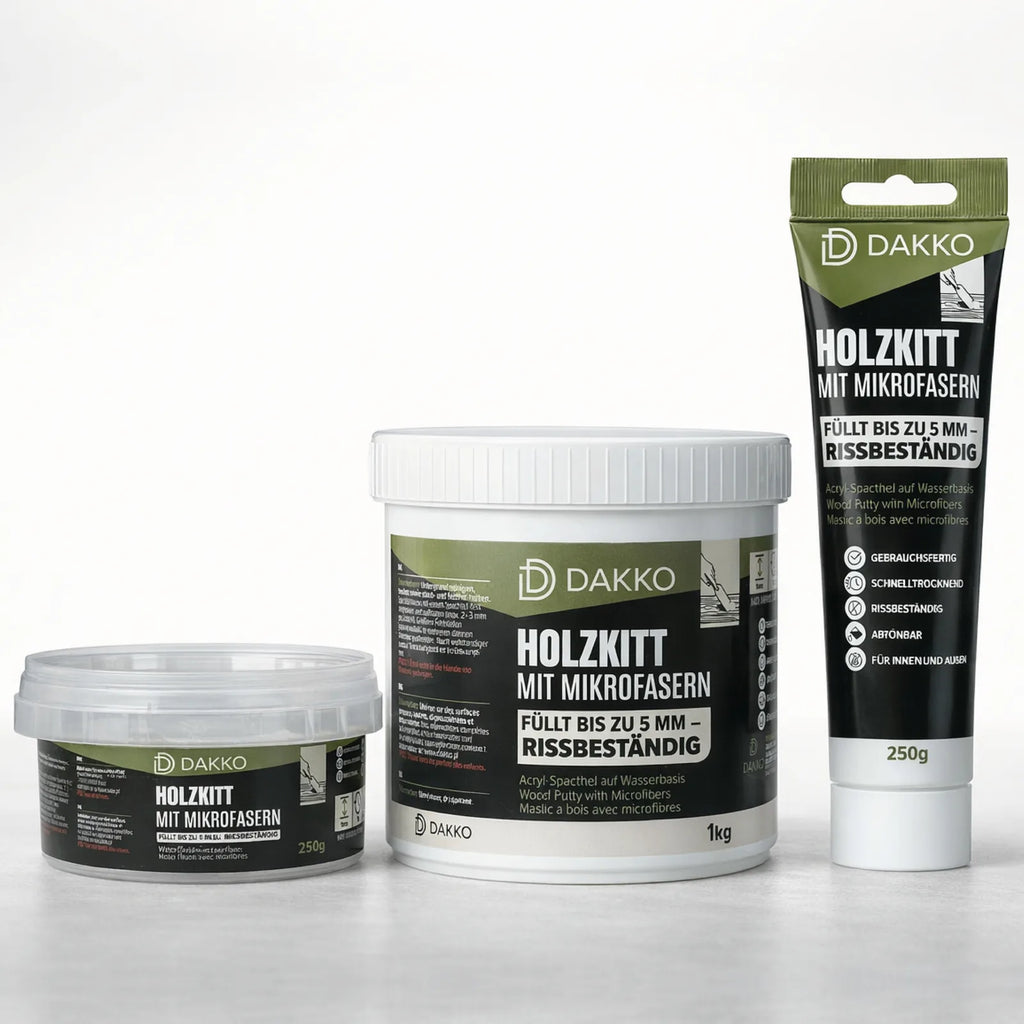 DAKKO Holzkitt Tube 250 g Holzspachtelmasse mit Bambusfasern - Füllmasse zur Reparatur von Schäden für Möbel Türen und Risse Innen und Außen schnelltrocknend rissbeständig