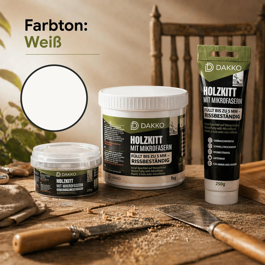 DAKKO Holzkitt Tube 250 g Holzspachtelmasse mit Bambusfasern - Füllmasse zur Reparatur von Schäden für Möbel Türen und Risse Innen und Außen schnelltrocknend rissbeständig