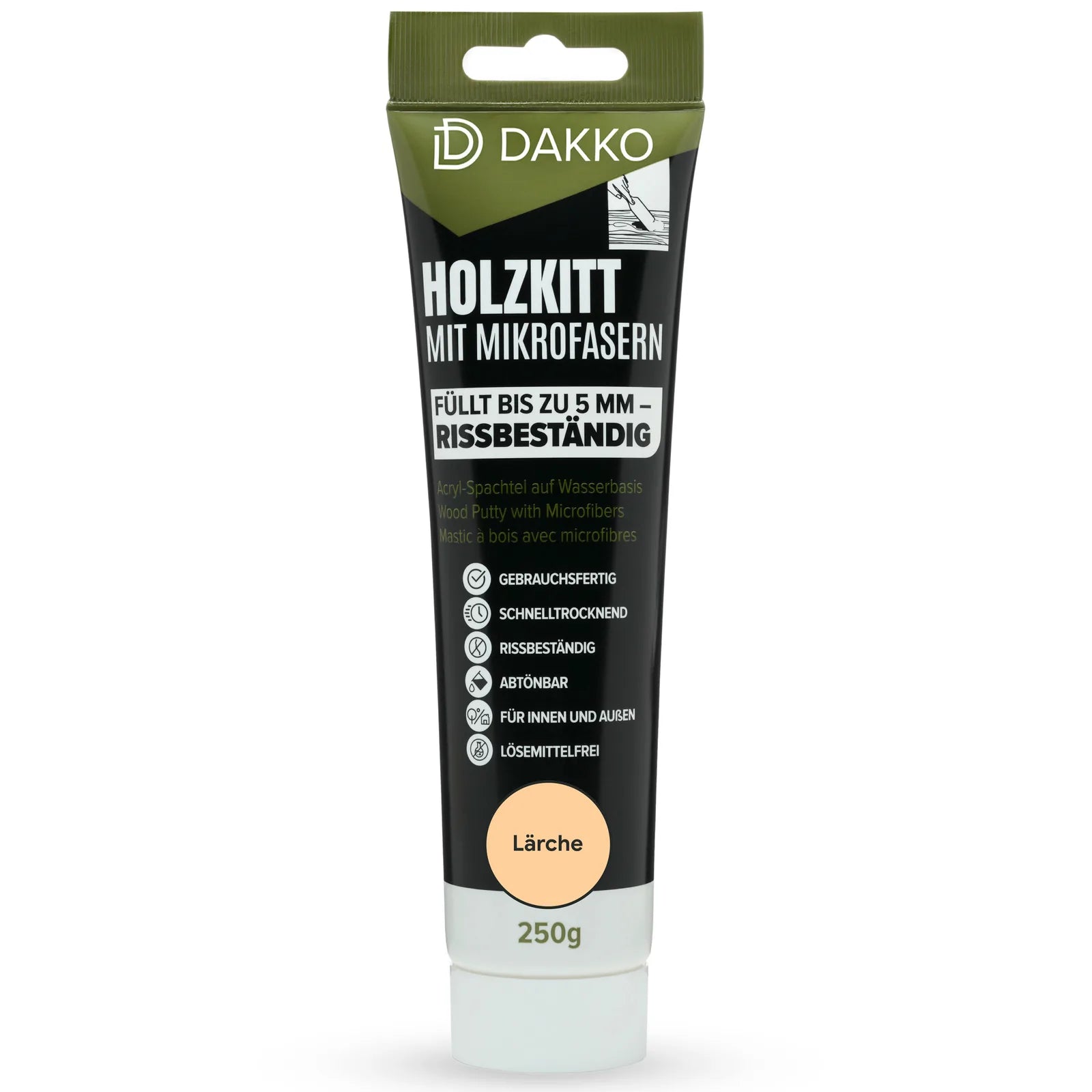 DAKKO Holzkitt Tube 250 g Holzspachtelmasse mit Bambusfasern - Füllmasse zur Reparatur von Schäden für Möbel Türen und Risse Innen und Außen schnelltrocknend rissbeständig