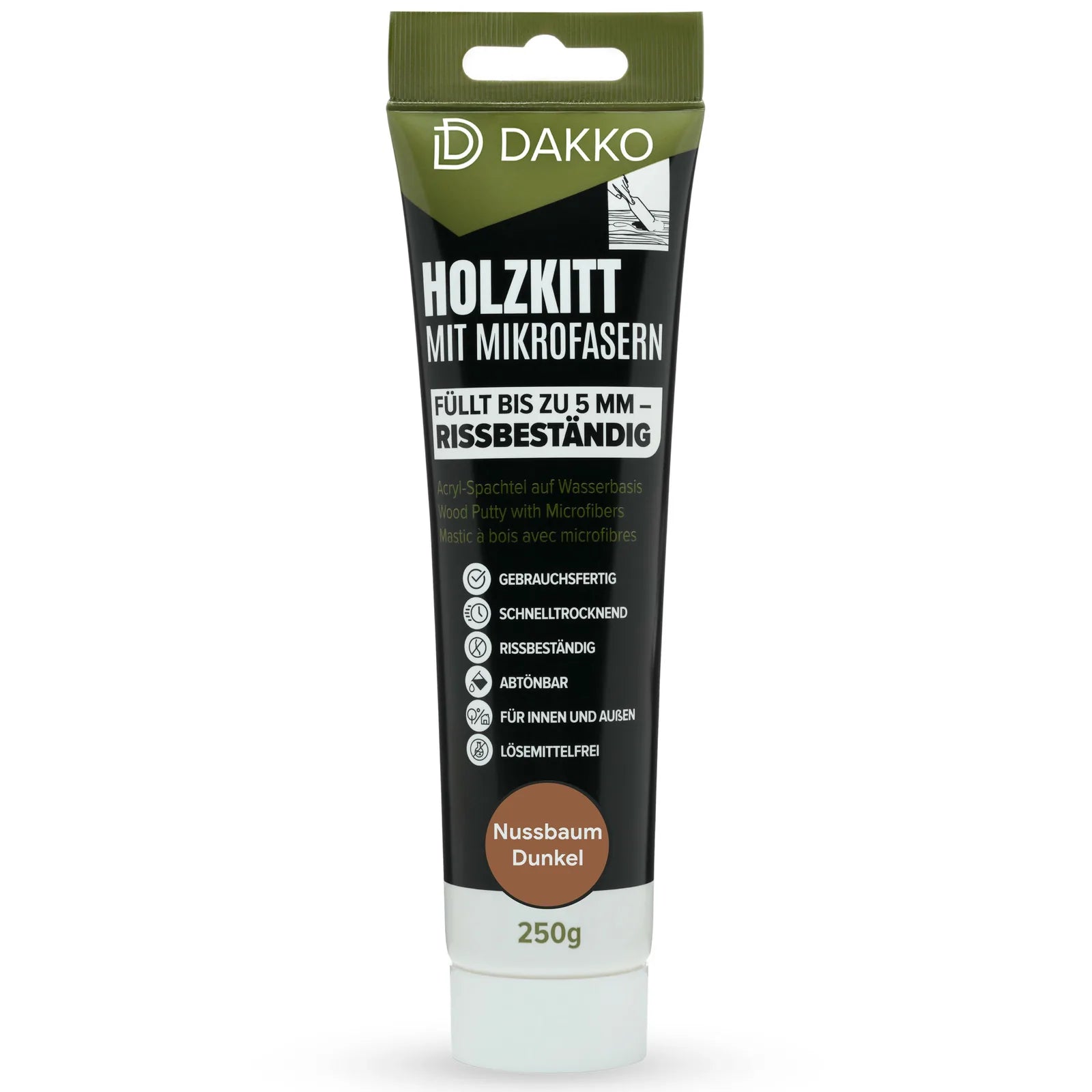 DAKKO Holzkitt Tube 250 g Holzspachtelmasse mit Bambusfasern - Füllmasse zur Reparatur von Schäden für Möbel Türen und Risse Innen und Außen schnelltrocknend rissbeständig