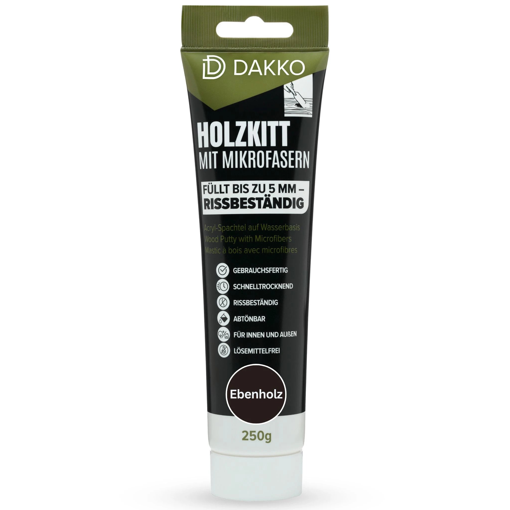 DAKKO Holzkitt Tube 250 g Holzspachtelmasse mit Bambusfasern - Füllmasse zur Reparatur von Schäden für Möbel Türen und Risse Innen und Außen schnelltrocknend rissbeständig