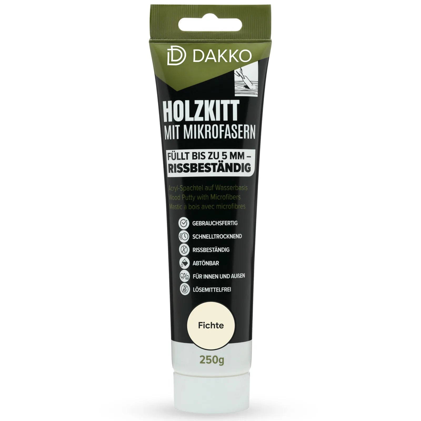 DAKKO Holzkitt Tube 250 g Holzspachtelmasse mit Bambusfasern - Füllmasse zur Reparatur von Schäden für Möbel Türen und Risse Innen und Außen schnelltrocknend rissbeständig