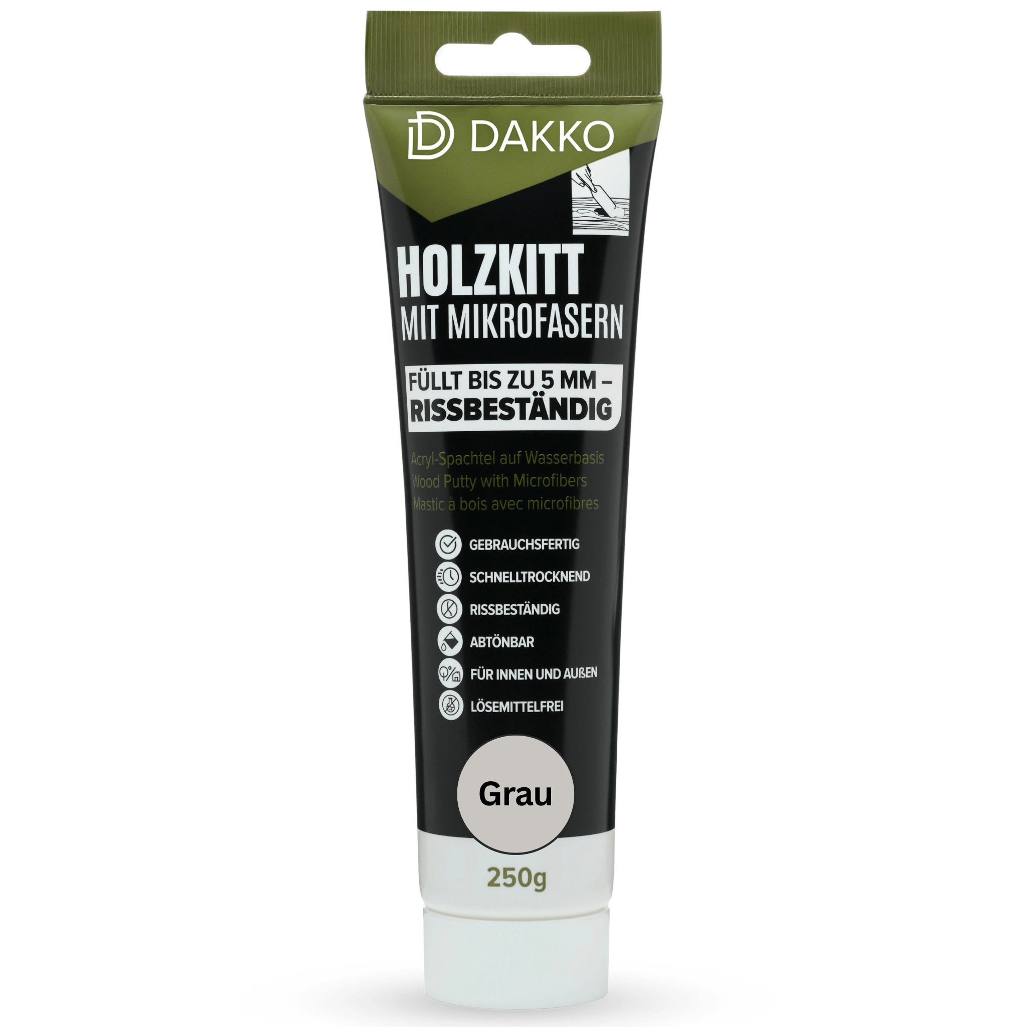 DAKKO Holzkitt Tube 250 g Holzspachtelmasse mit Bambusfasern - Füllmasse zur Reparatur von Schäden für Möbel Türen und Risse Innen und Außen schnelltrocknend rissbeständig