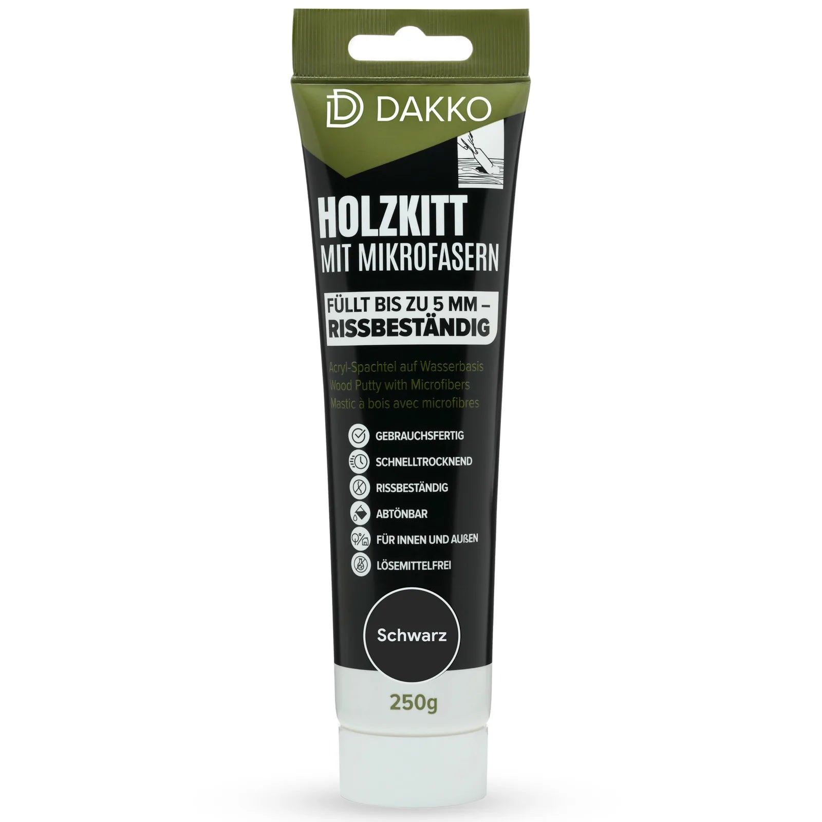 DAKKO Holzkitt Tube 250 g Holzspachtelmasse mit Bambusfasern - Füllmasse zur Reparatur von Schäden für Möbel Türen und Risse Innen und Außen schnelltrocknend rissbeständig
