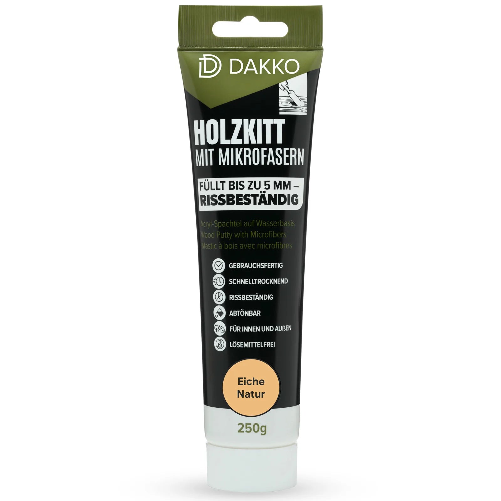 DAKKO Holzkitt Tube 250 g Holzspachtelmasse mit Bambusfasern - Füllmasse zur Reparatur von Schäden für Möbel Türen und Risse Innen und Außen schnelltrocknend rissbeständig
