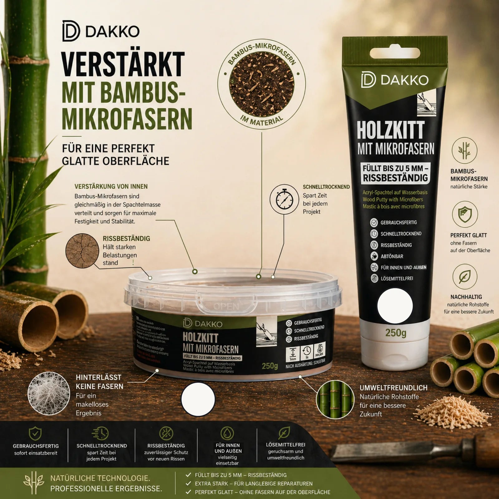 DAKKO Holzkitt 250 g Holzspachtelmasse mit Bambusfasern - Füllmasse zur Reparatur von Schäden für Möbel Türen und Risse Innen und Außen schnelltrocknend rissbeständig