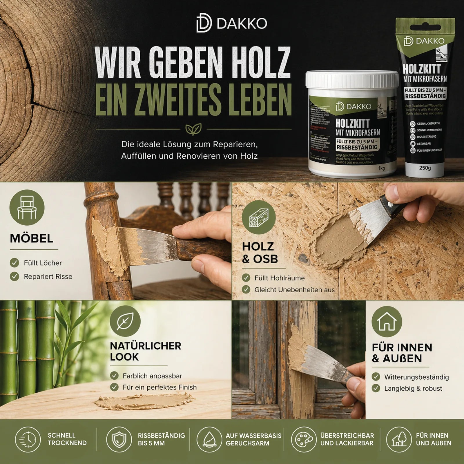 DAKKO Holzkitt 250 g Holzspachtelmasse mit Bambusfasern - Füllmasse zur Reparatur von Schäden für Möbel Türen und Risse Innen und Außen schnelltrocknend rissbeständig