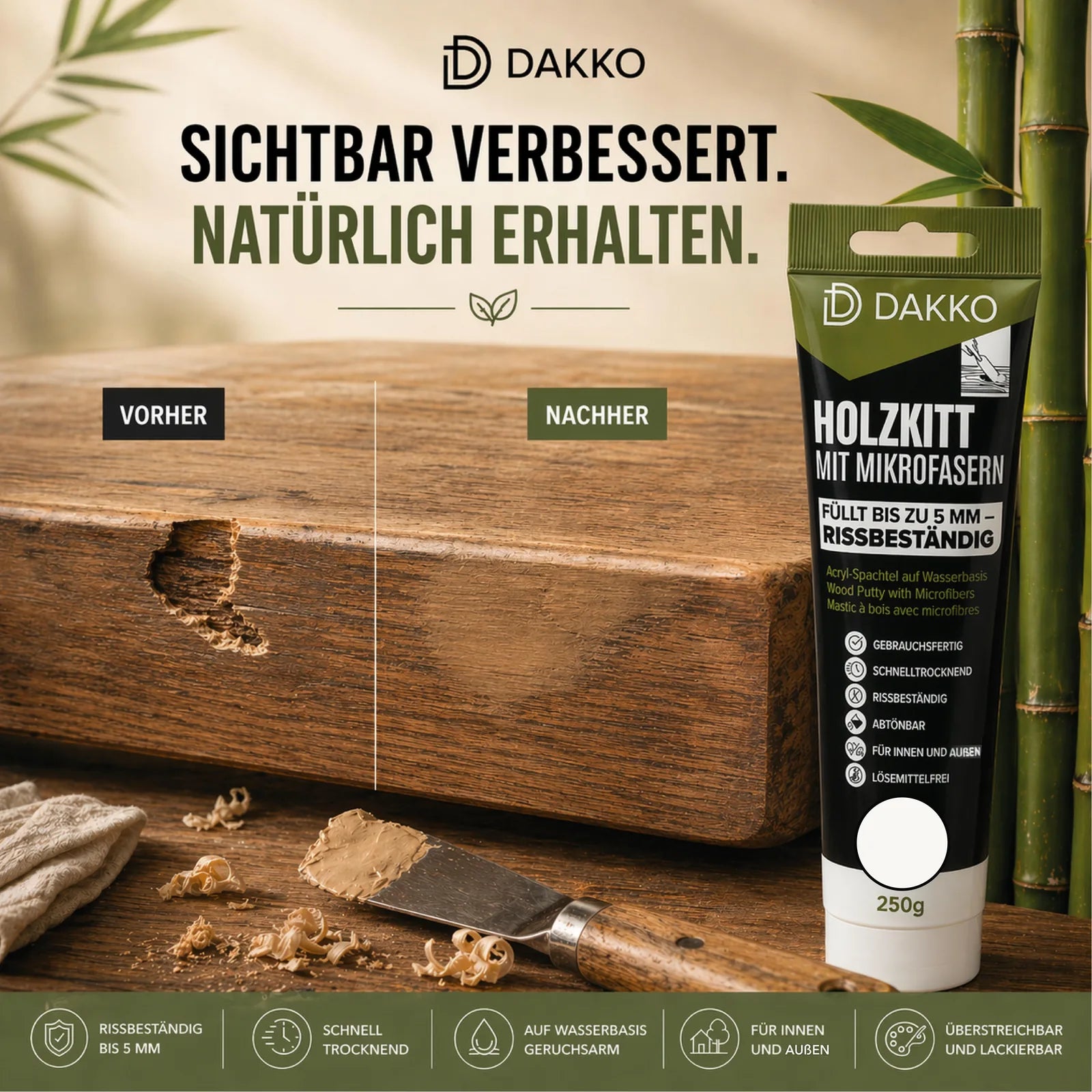DAKKO Holzkitt 250 g Holzspachtelmasse mit Bambusfasern - Füllmasse zur Reparatur von Schäden für Möbel Türen und Risse Innen und Außen schnelltrocknend rissbeständig
