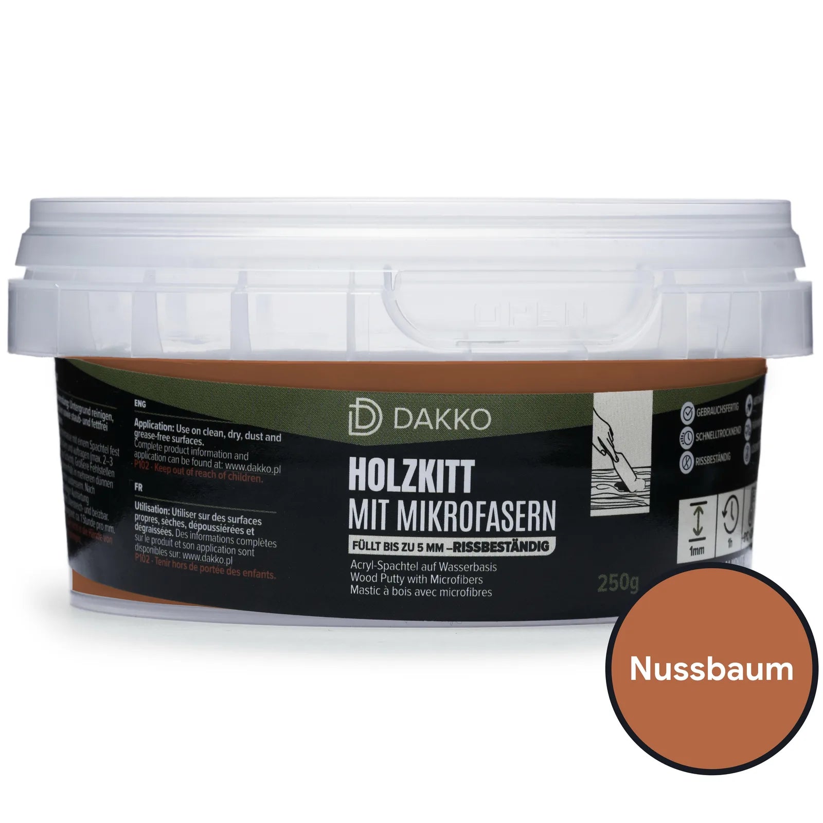 DAKKO Holzkitt 250 g Holzspachtelmasse mit Bambusfasern - Füllmasse zur Reparatur von Schäden für Möbel Türen und Risse Innen und Außen schnelltrocknend rissbeständig