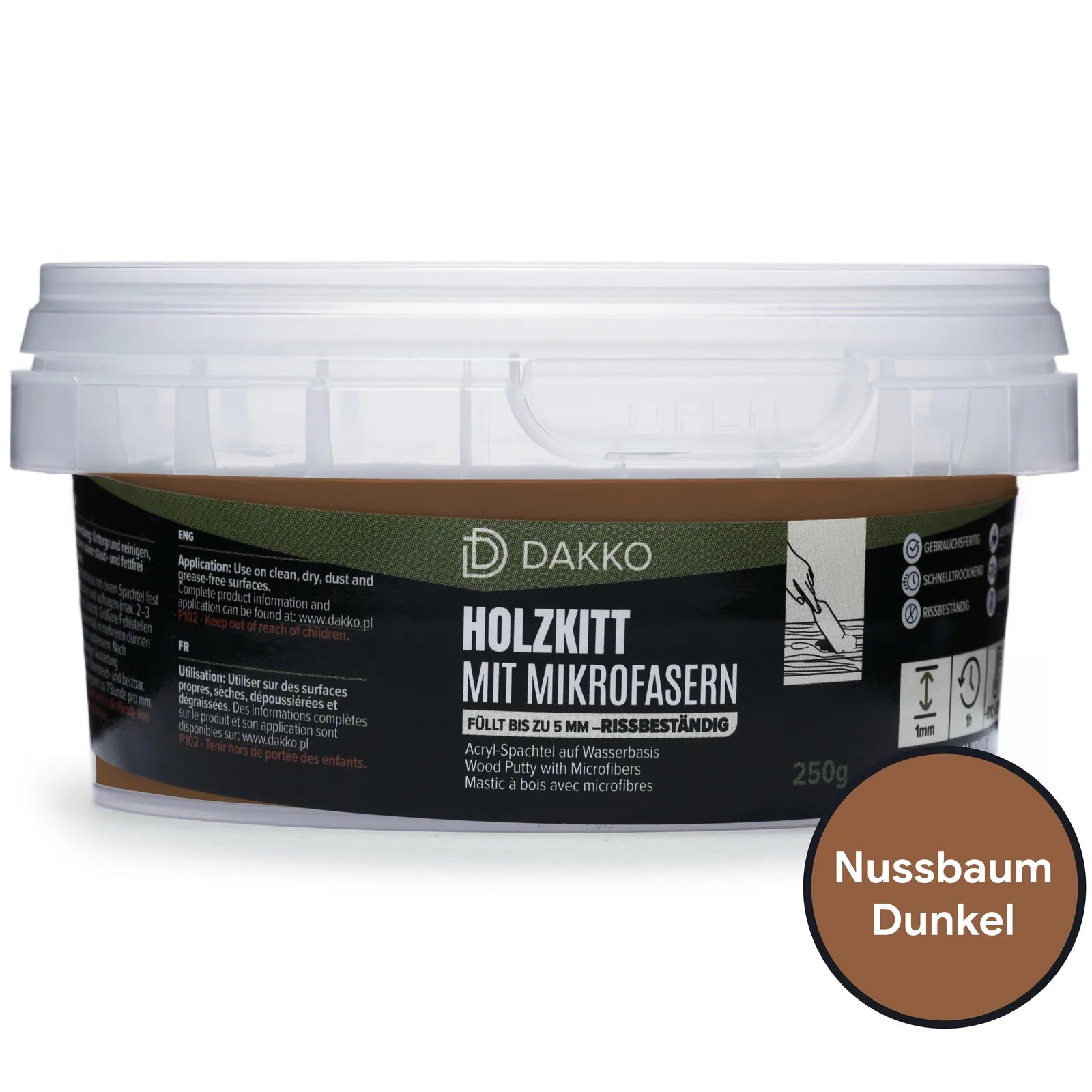 DAKKO Holzkitt 250 g Holzspachtelmasse mit Bambusfasern - Füllmasse zur Reparatur von Schäden für Möbel Türen und Risse Innen und Außen schnelltrocknend rissbeständig