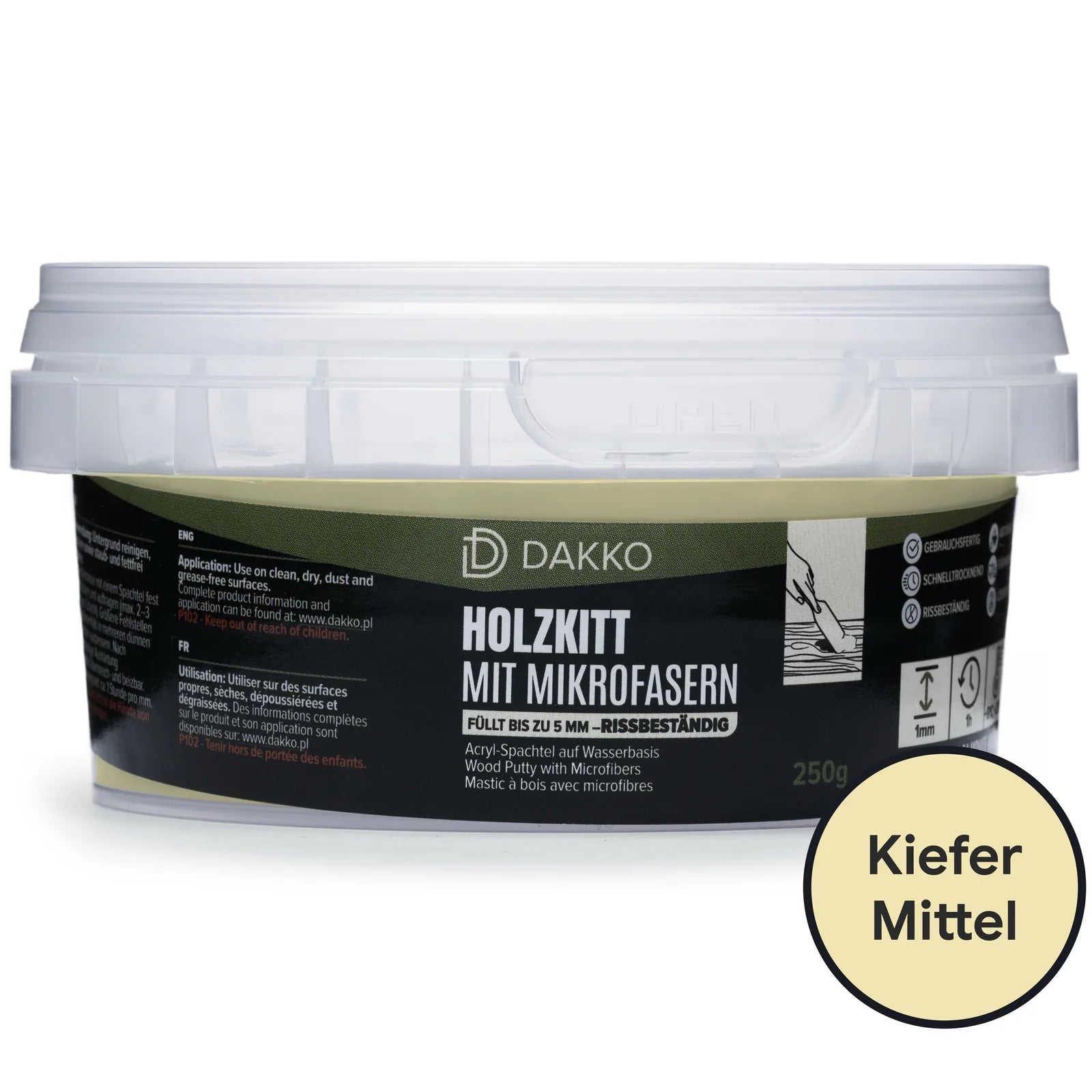 DAKKO Holzkitt 250 g Holzspachtelmasse mit Bambusfasern - Füllmasse zur Reparatur von Schäden für Möbel Türen und Risse Innen und Außen schnelltrocknend rissbeständig