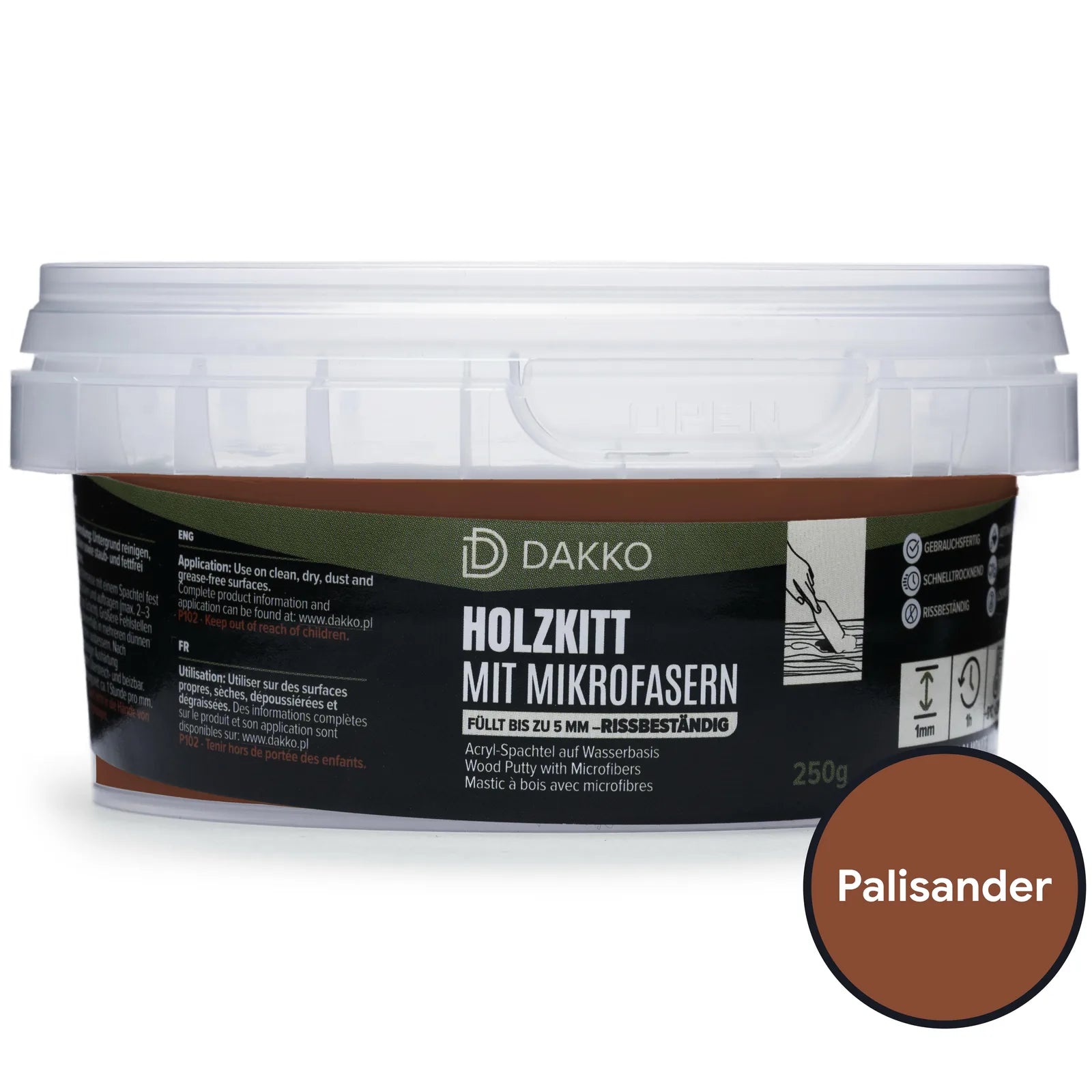 DAKKO Holzkitt 250 g Holzspachtelmasse mit Bambusfasern - Füllmasse zur Reparatur von Schäden für Möbel Türen und Risse Innen und Außen schnelltrocknend rissbeständig