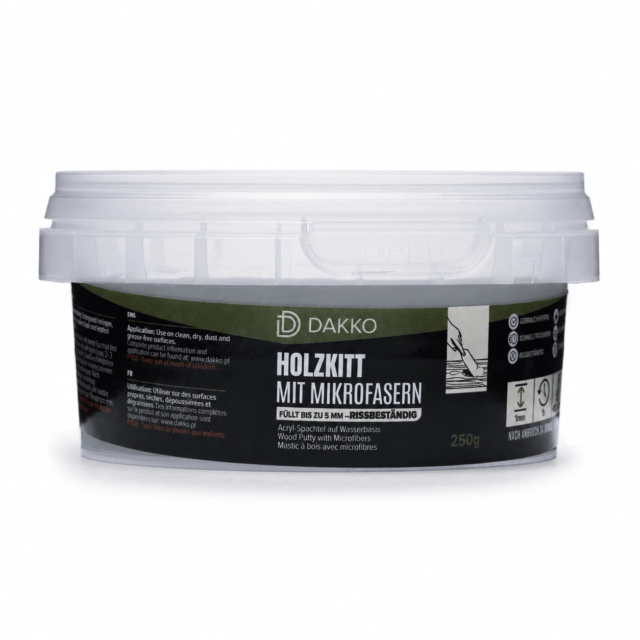 DAKKO Holzkitt 250 g Holzspachtelmasse mit Bambusfasern - Füllmasse zur Reparatur von Schäden für Möbel Türen und Risse Innen und Außen schnelltrocknend rissbeständig