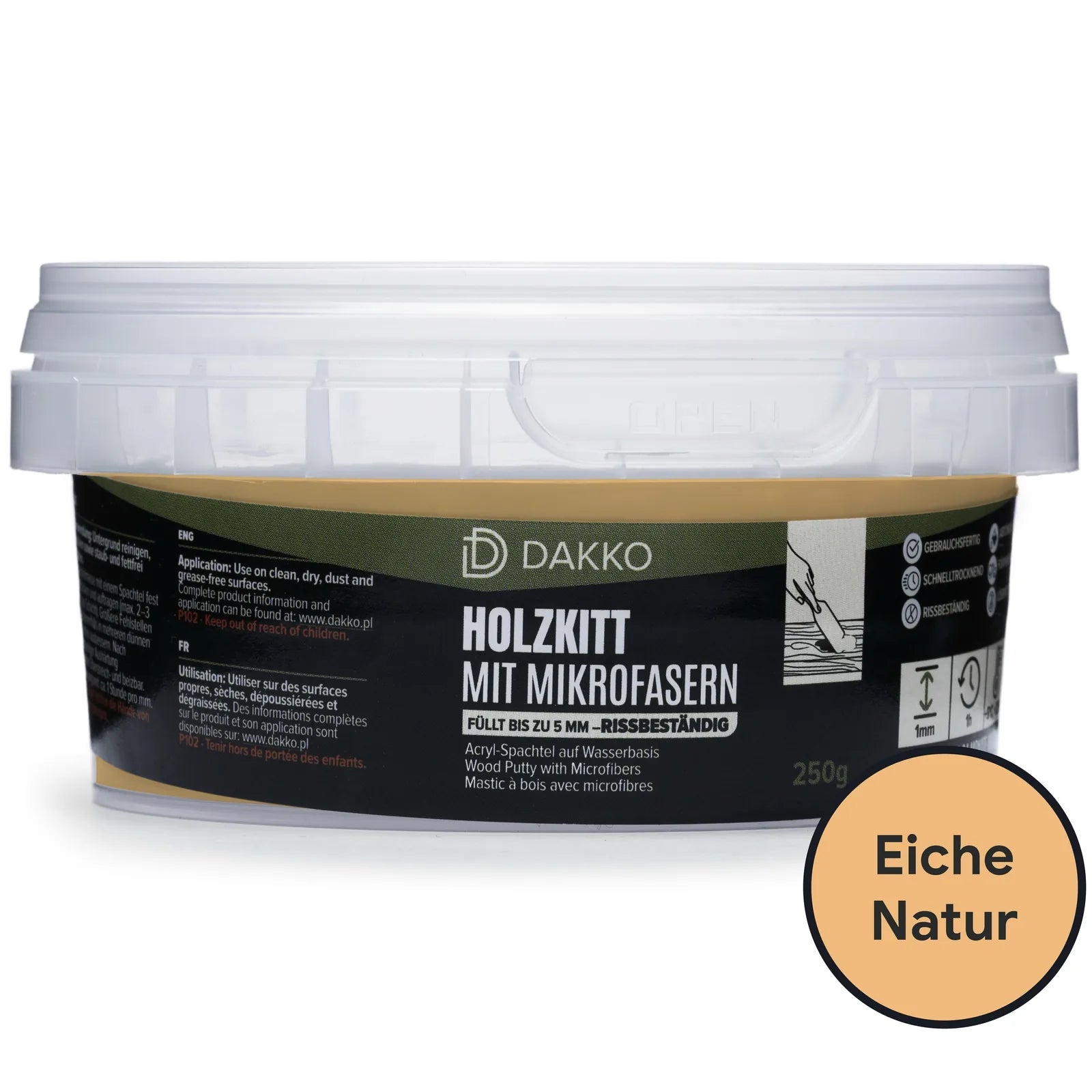DAKKO Holzkitt 250 g Holzspachtelmasse mit Bambusfasern - Füllmasse zur Reparatur von Schäden für Möbel Türen und Risse Innen und Außen schnelltrocknend rissbeständig
