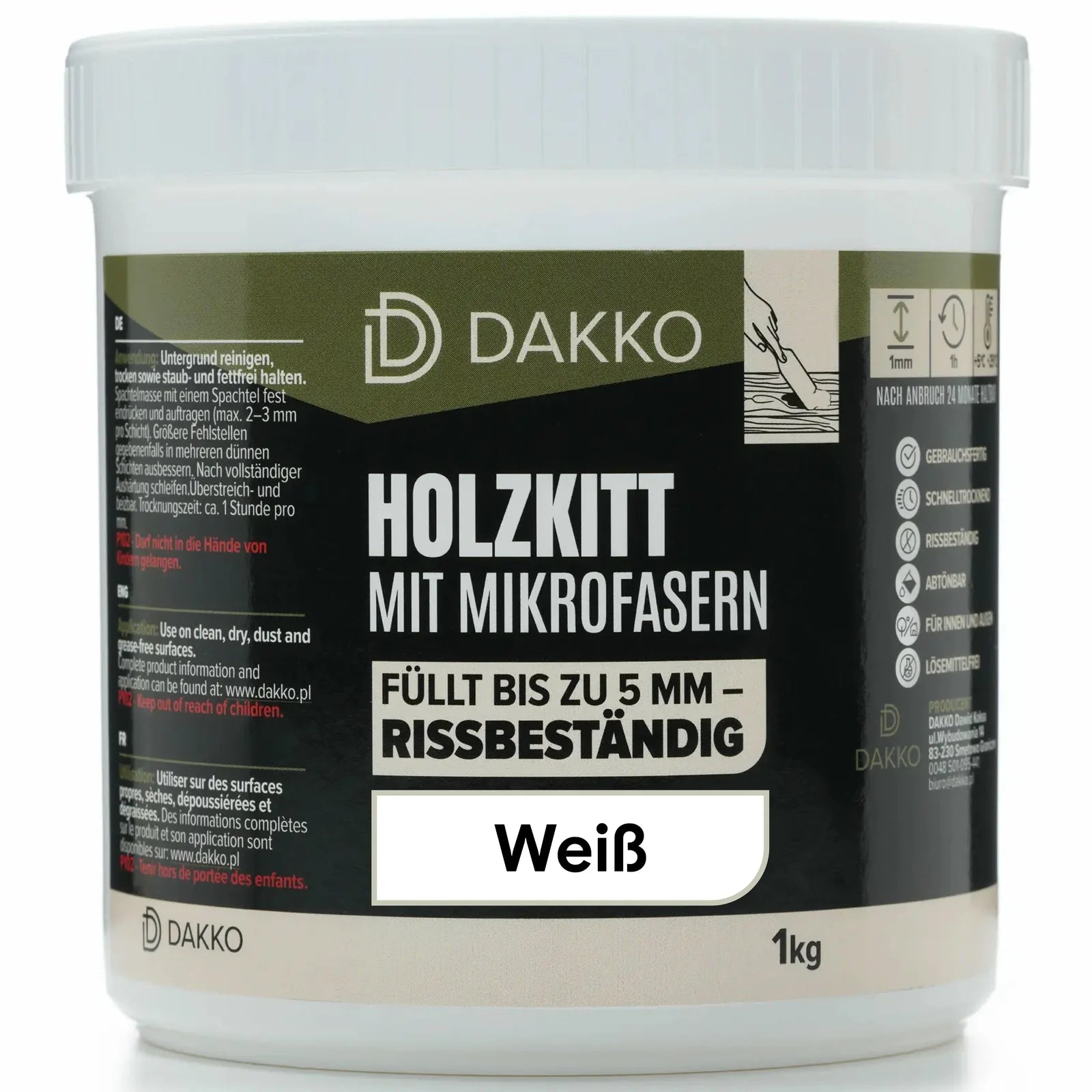 DAKKO Holzkitt 1 kg Holzspachtelmasse mit Bambusfasern - Füllmasse zur Reparatur von Schäden für Möbel Türen und Risse Innen und Außen schnelltrocknend rissbeständig