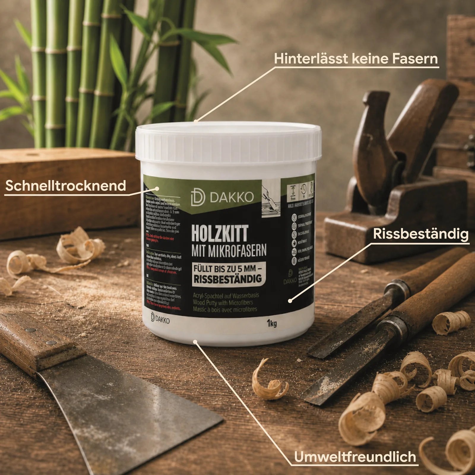 DAKKO Holzkitt 1 kg Holzspachtelmasse mit Bambusfasern - Füllmasse zur Reparatur von Schäden für Möbel Türen und Risse Innen und Außen schnelltrocknend rissbeständig