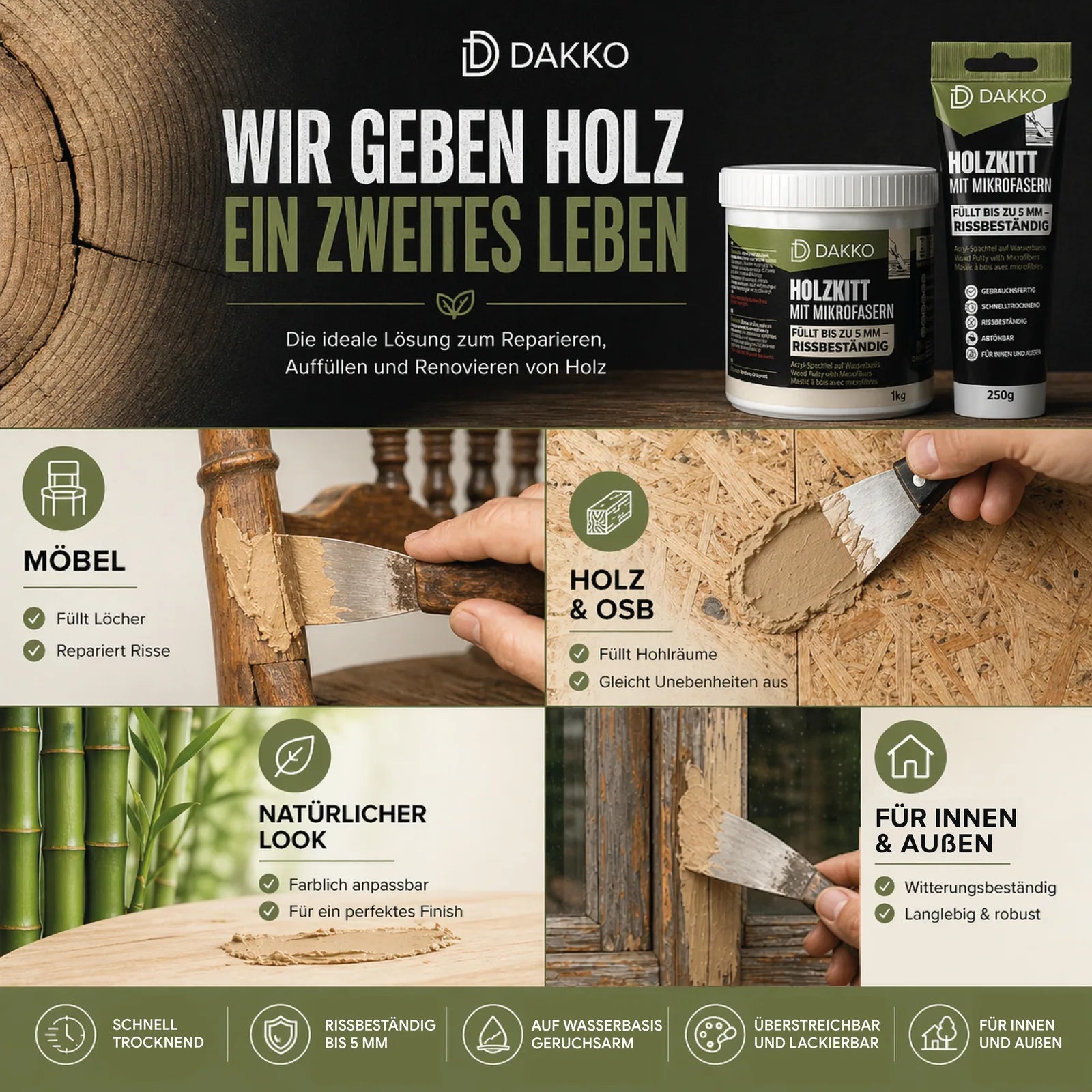 DAKKO Holzkitt 1 kg Holzspachtelmasse mit Bambusfasern - Füllmasse zur Reparatur von Schäden für Möbel Türen und Risse Innen und Außen schnelltrocknend rissbeständig