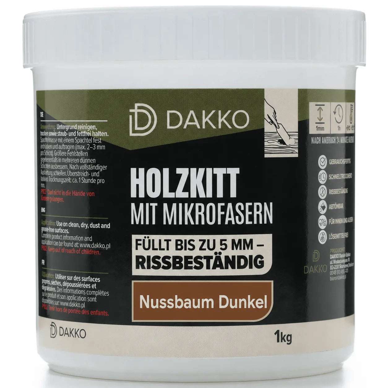 DAKKO Holzkitt 1 kg Holzspachtelmasse mit Bambusfasern - Füllmasse zur Reparatur von Schäden für Möbel Türen und Risse Innen und Außen schnelltrocknend rissbeständig