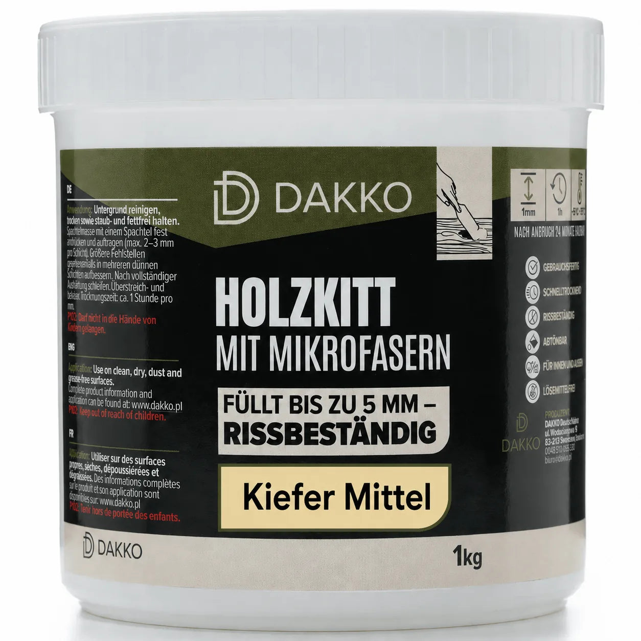 DAKKO Holzkitt 1 kg Holzspachtelmasse mit Bambusfasern - Füllmasse zur Reparatur von Schäden für Möbel Türen und Risse Innen und Außen schnelltrocknend rissbeständig