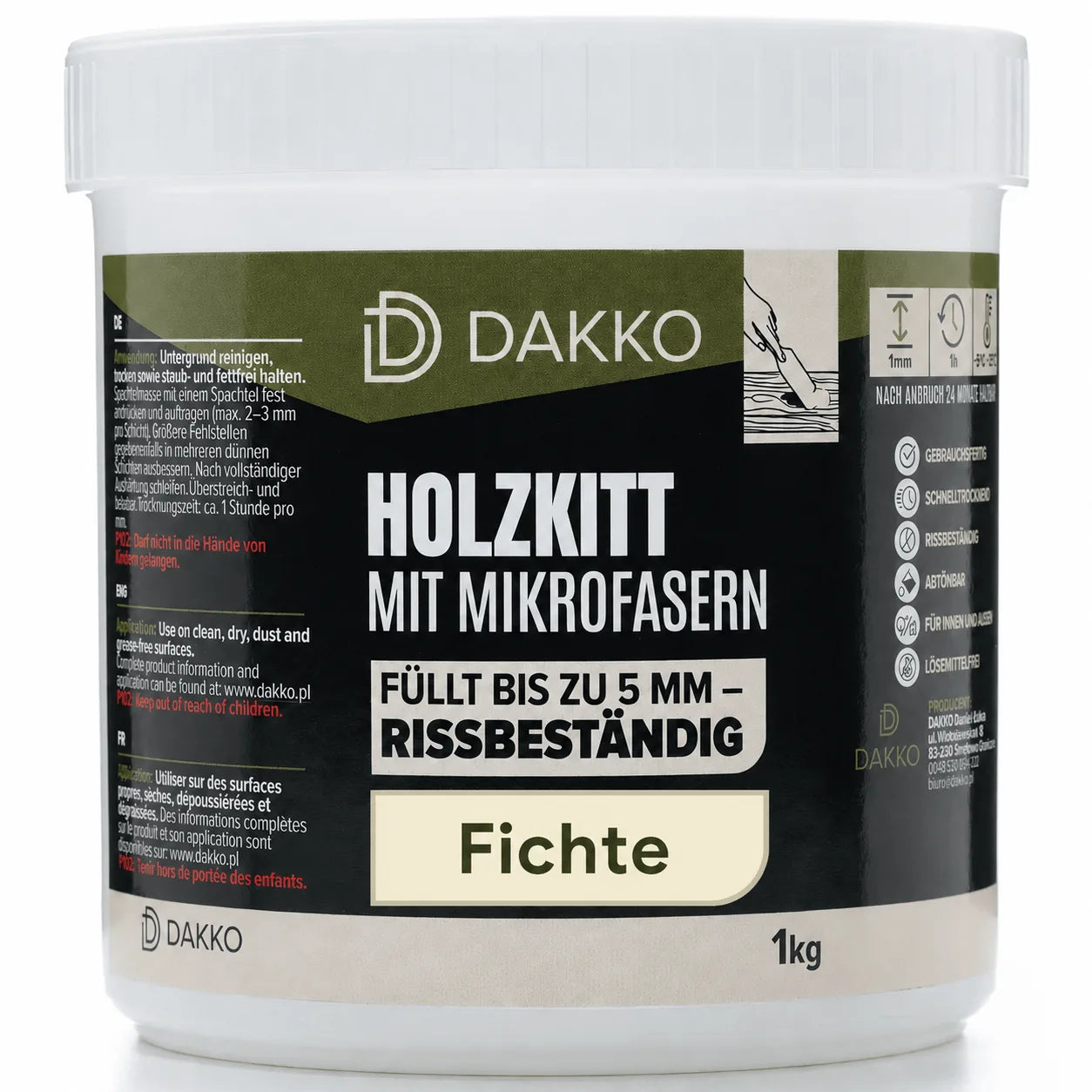 DAKKO Holzkitt 1 kg Holzspachtelmasse mit Bambusfasern - Füllmasse zur Reparatur von Schäden für Möbel Türen und Risse Innen und Außen schnelltrocknend rissbeständig