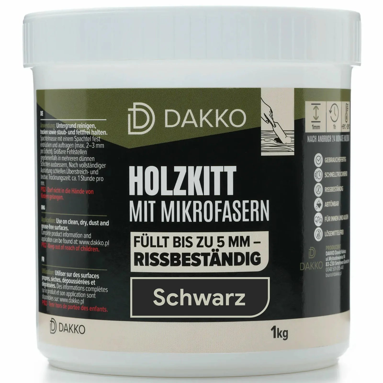 DAKKO Holzkitt 1 kg Holzspachtelmasse mit Bambusfasern - Füllmasse zur Reparatur von Schäden für Möbel Türen und Risse Innen und Außen schnelltrocknend rissbeständig