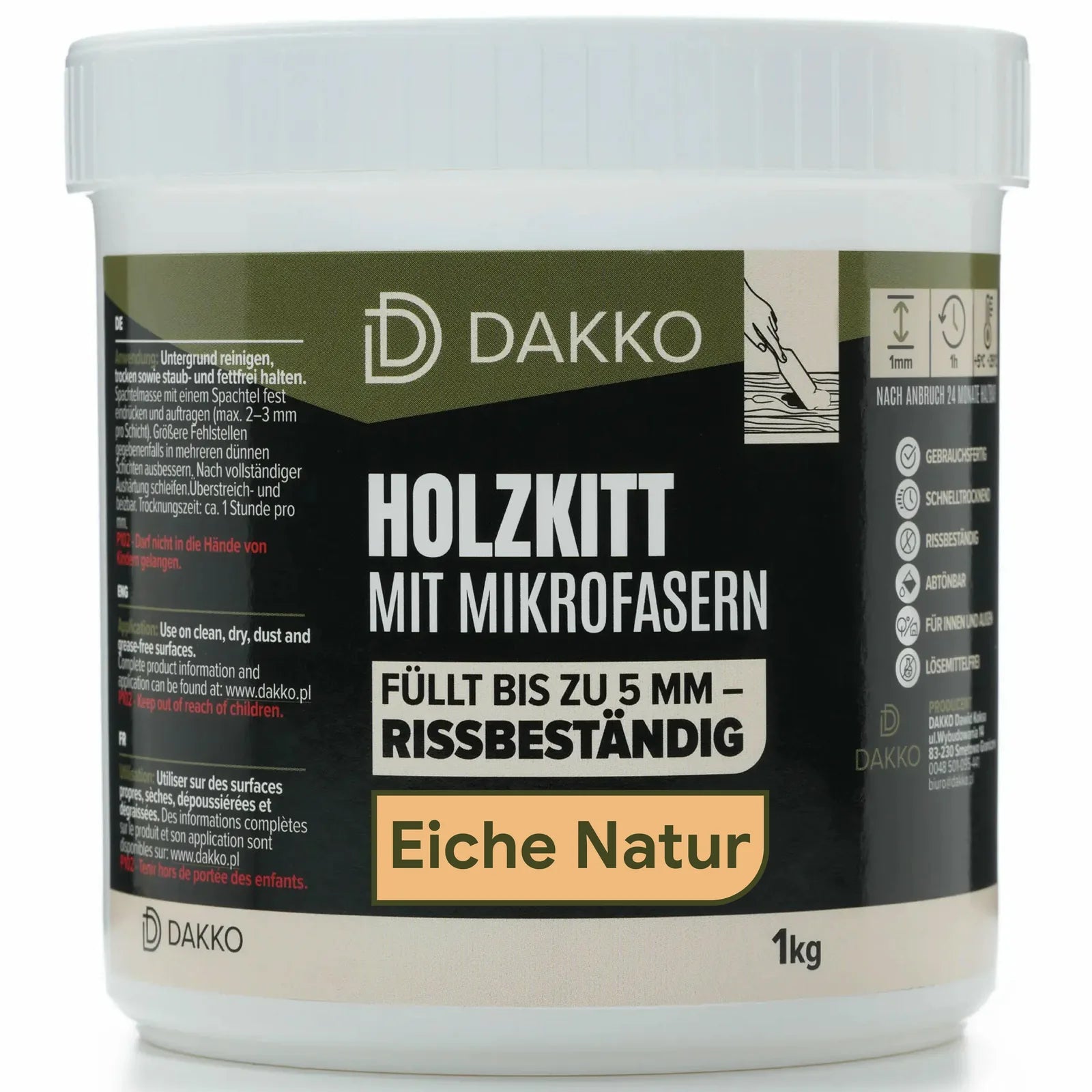 DAKKO Holzkitt 1 kg Holzspachtelmasse mit Bambusfasern - Füllmasse zur Reparatur von Schäden für Möbel Türen und Risse Innen und Außen schnelltrocknend rissbeständig