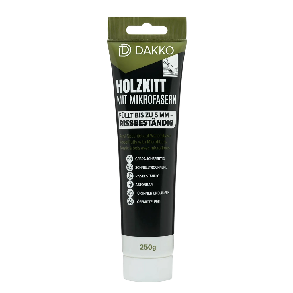 DAKKO Holzkitt Tube 250 g Holzspachtelmasse mit Bambusfasern - Füllmasse zur Reparatur von Schäden für Möbel Türen und Risse Innen und Außen schnelltrocknend rissbeständig