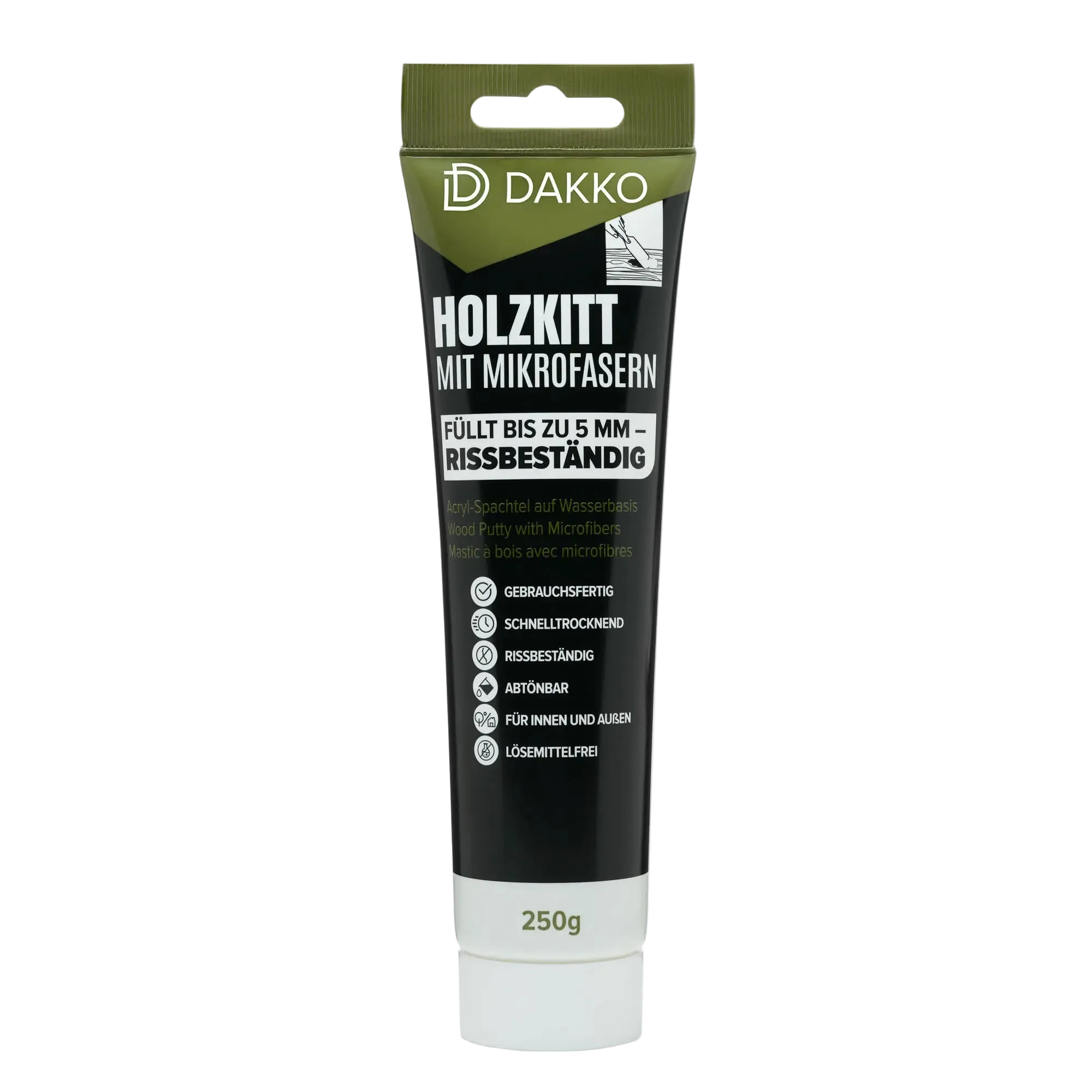 DAKKO Holzkitt Tube 250 g Holzspachtelmasse mit Bambusfasern - Füllmasse zur Reparatur von Schäden für Möbel Türen und Risse Innen und Außen schnelltrocknend rissbeständig